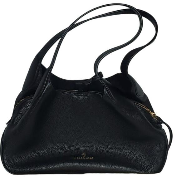 Black Pebbled Leather Shoulder Bag 3 Compartment Tote w/ Gold Zipper & Monogram - Picture 1 of 7